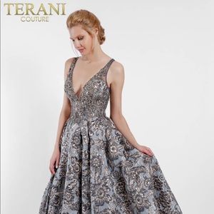 Terani Couture deep v-neck ballgown.